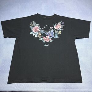 Vintage 1990s Maui Hawaii Pink Roses And Butterflies‎ Black T-Shirt Size XL